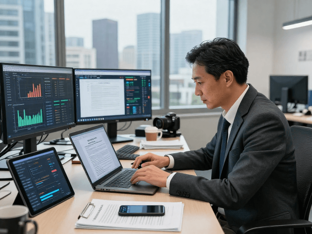 Expert analyzing document fraud detection tools in a modern office environment with digital data displays.