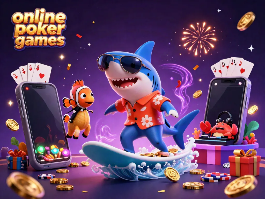 Engage with thrilling online poker games amidst cartoon sea creatures celebrating on a vibrant stage.