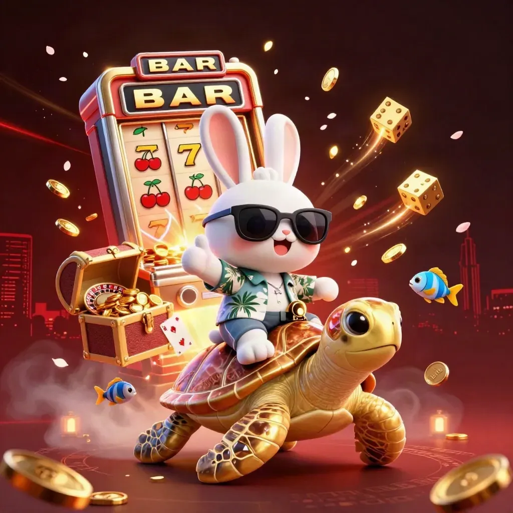 Coniglio 3D su tartaruga d’oro tra slot, dadi, monete e luce rossa.
