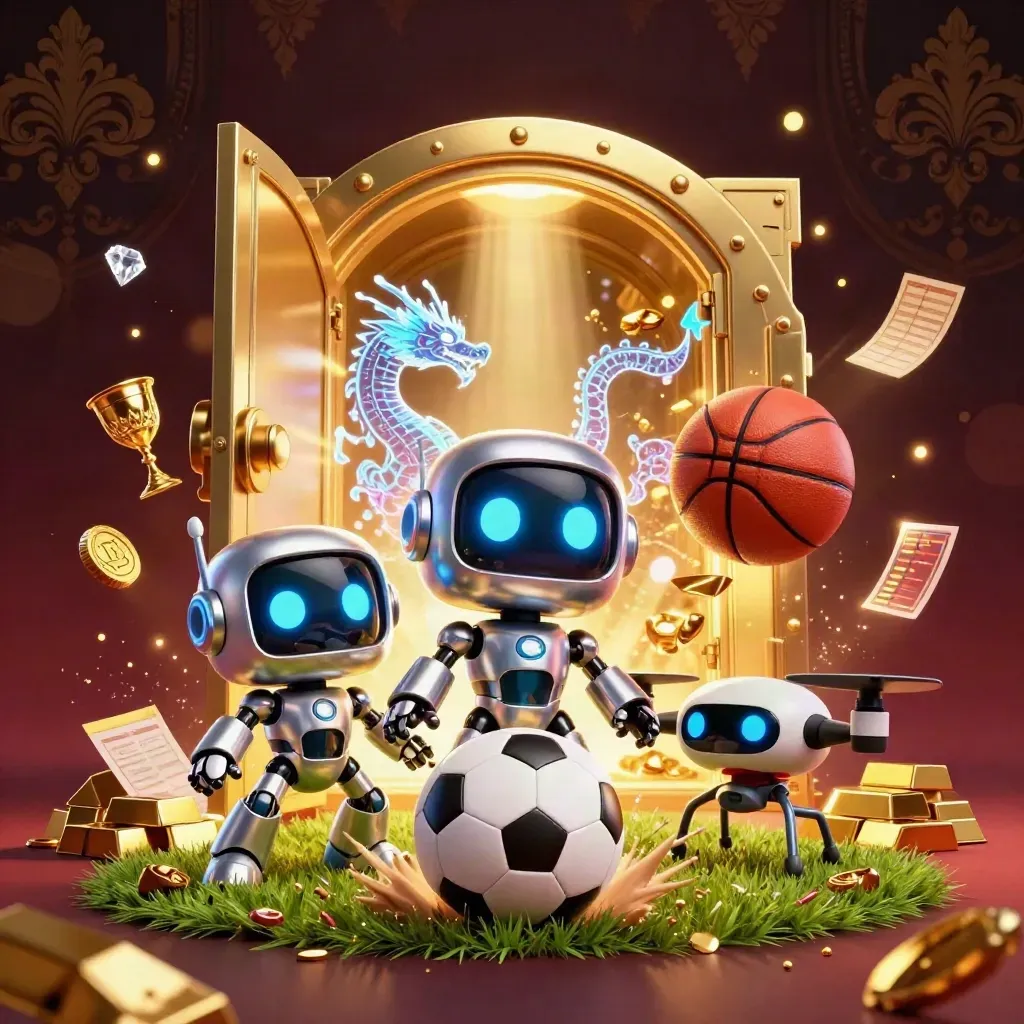 Robot cyberpunk, drago olografico e tesoro d’oro in scena dinamica, luce intensa.
