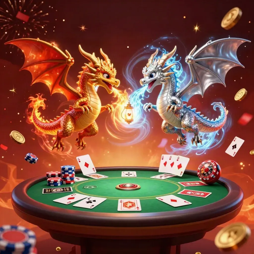 Due draghi dorato e argento intrecciati tra carte, fiches e scintille su sfondo rosso scuro.