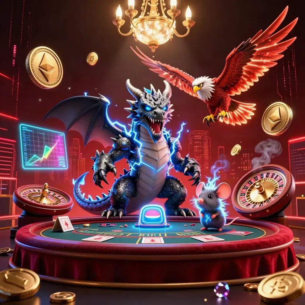 Drago fulmine, falco e topo tra monete cripto e luci neon in un casinò rosso