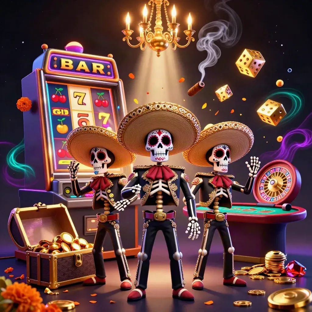 Tre scheletri mariachi tra slot, dadi, oro e luci viola, scena casino premium.