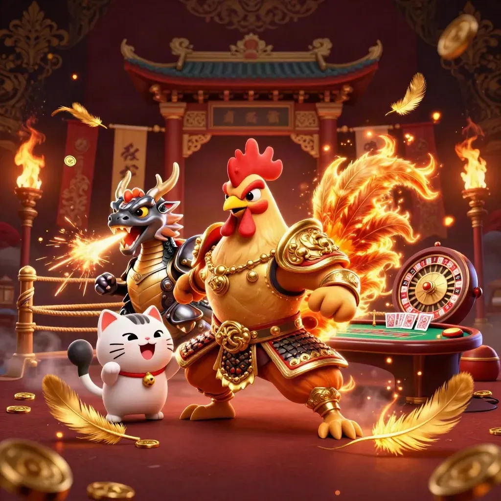 Gallo samurai, draghetto e gatto fortunato in sala casinò dorata con fumo e luci