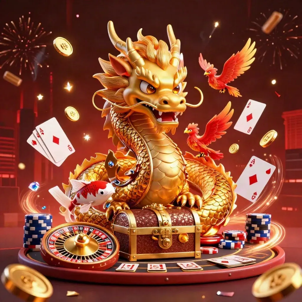 Drago d’oro, fenice, carpe e tavolo da casino luminoso con monete e gemme