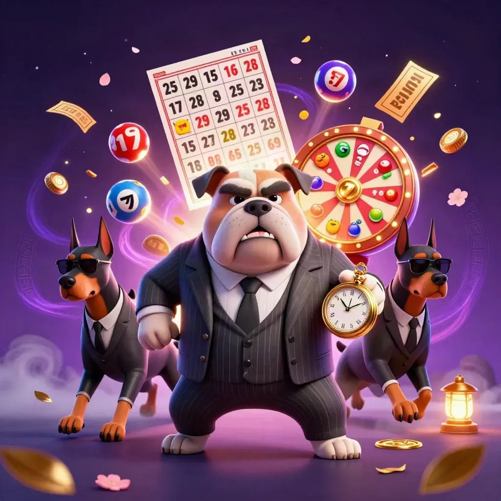 Bulldog boss mafioso con due dobermann, fiches e ruota premio in un casino fantasy