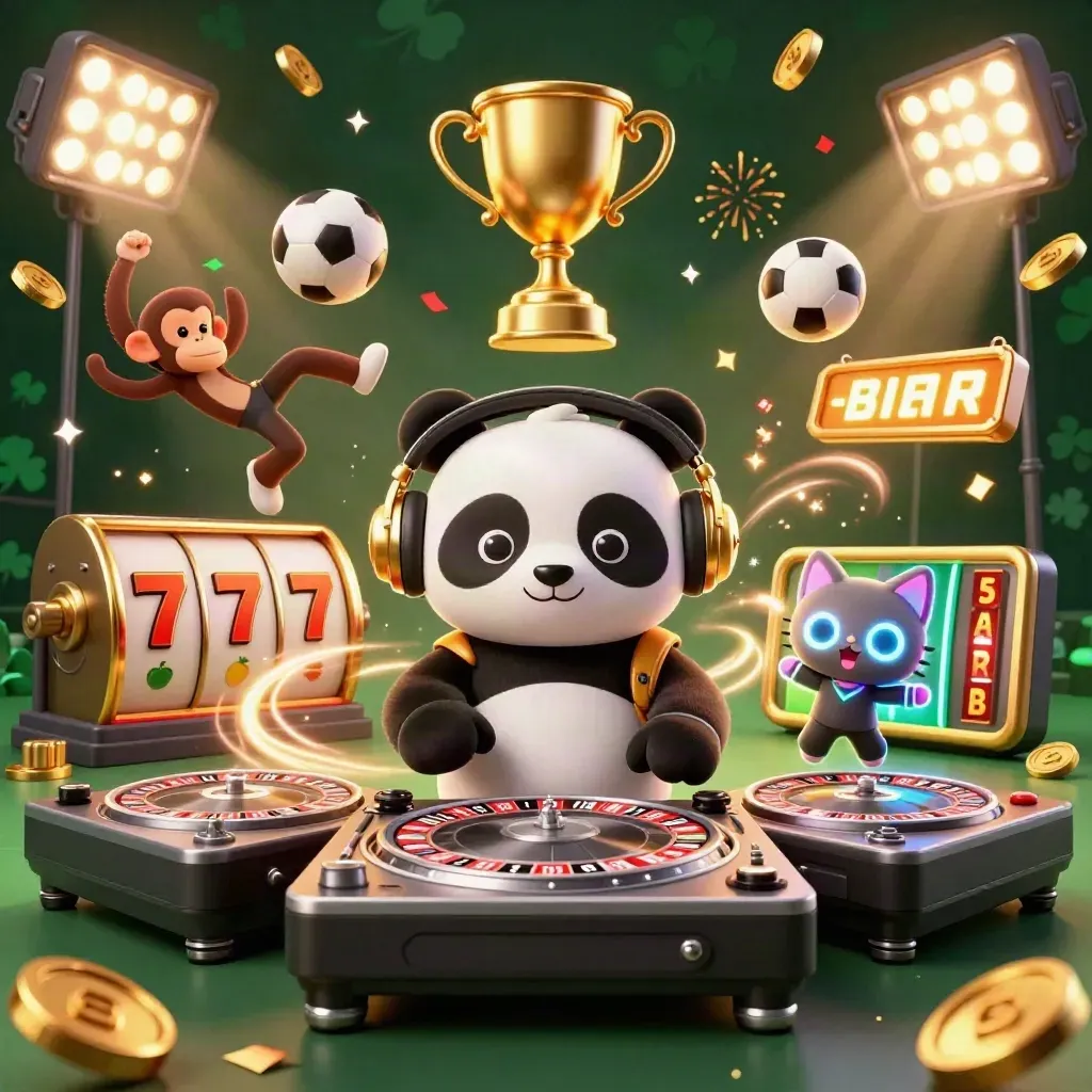 Panda DJ, scimmia e gattino rave tra trofei, palloni e monete in scena casino dinamica.