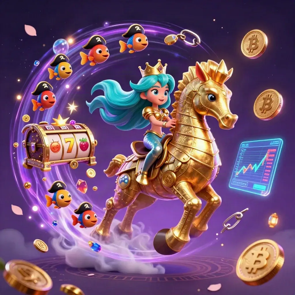 Principessa sirena su cavalluccio marino dorato, pesci pirata e monete crypto in un cielo viola.