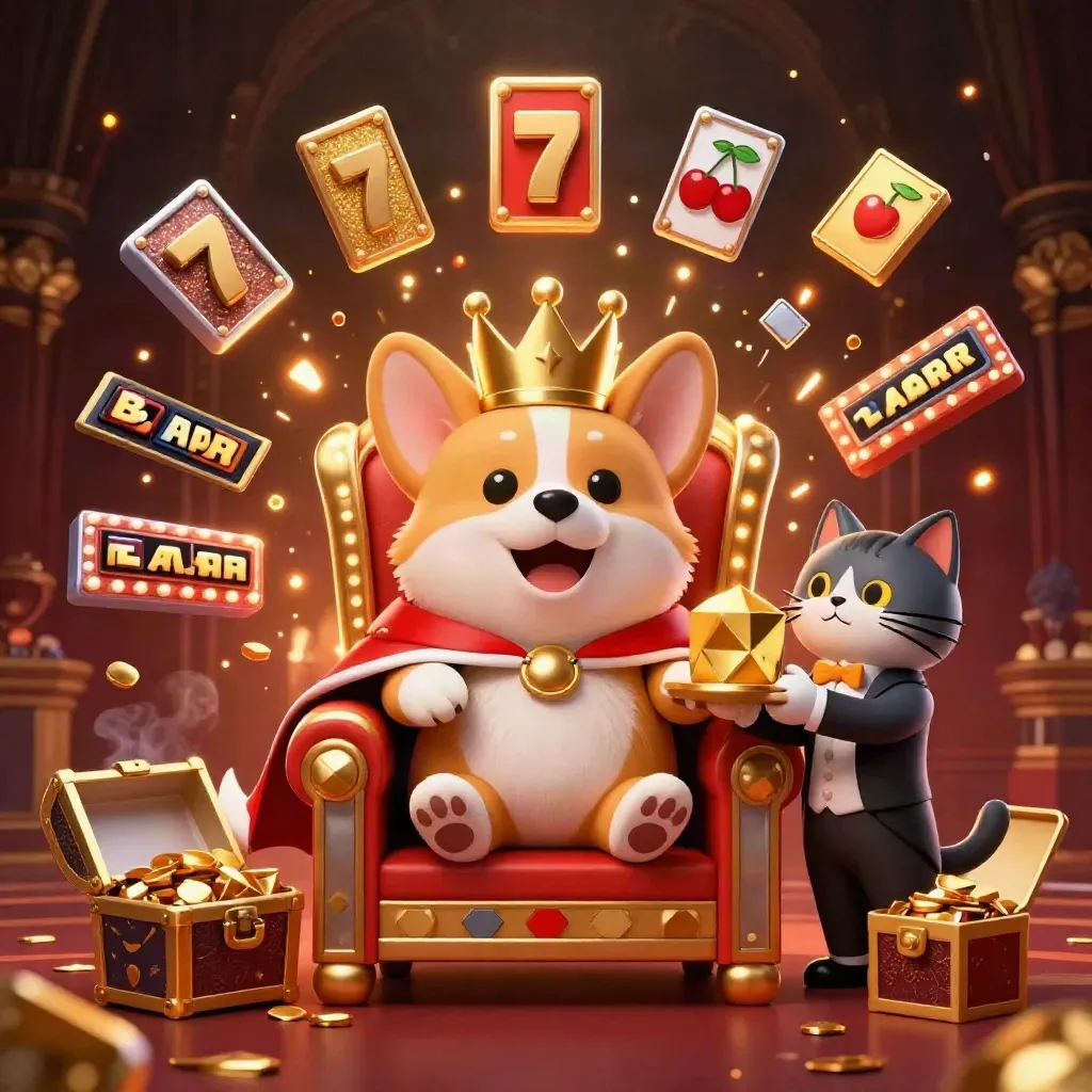 Corgi reale e gatto maggiordomo tra slot esplose, dadi, tesoro e sfondo damascato lussuoso.
