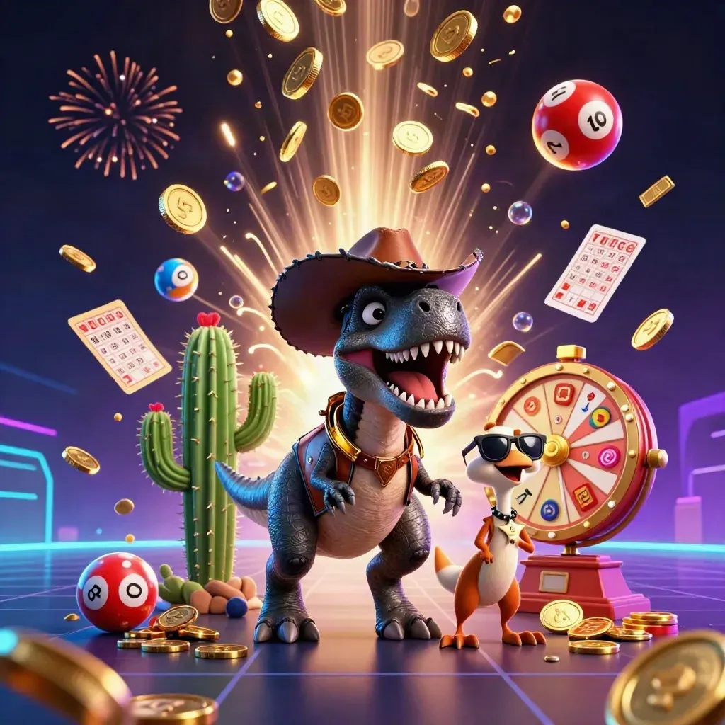 T-Rex cowboy, cactus e roadrunner tra monete, ruota premio e bagliori neon.