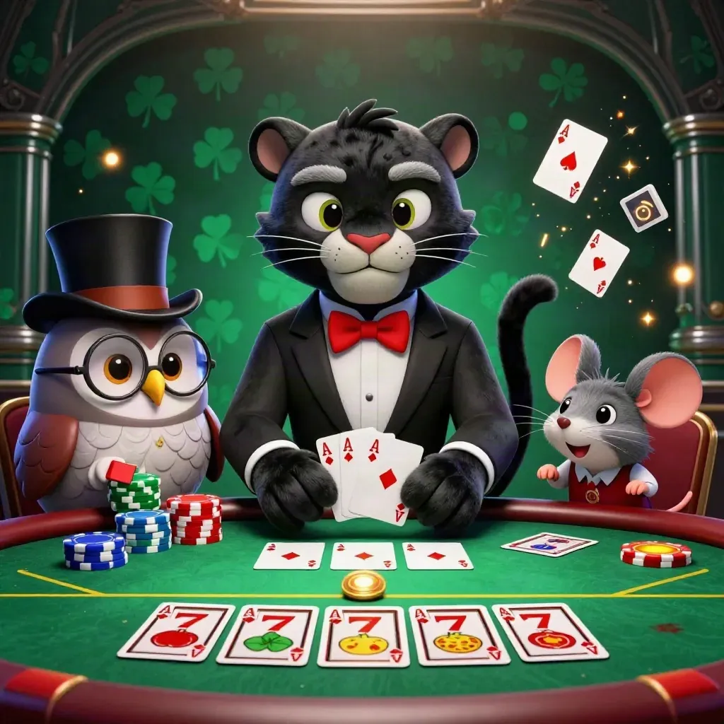 Puma, gufo e topo tra fiches, carte e luci verdi in una scena casinò dinamica.