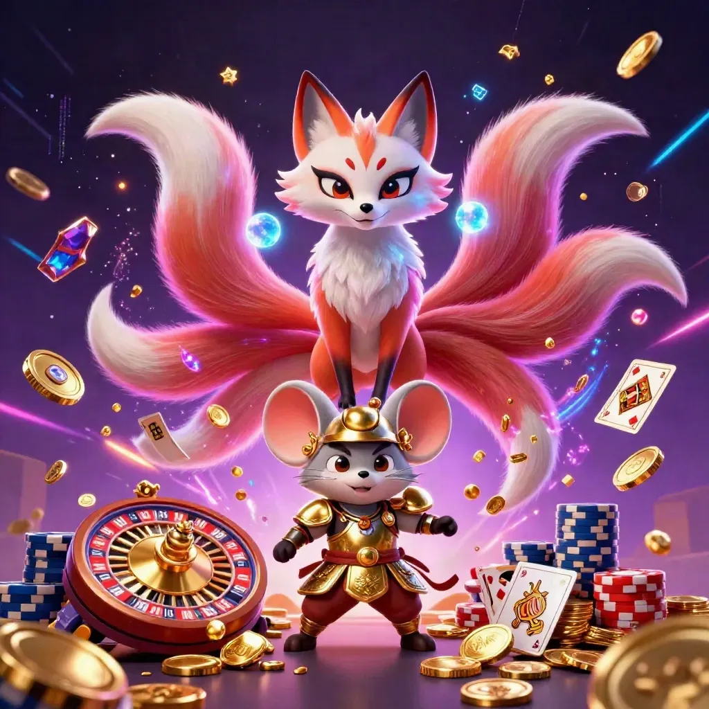 Volpe a nove code e topo samurai tra monete, carte e roulette in neon viola.