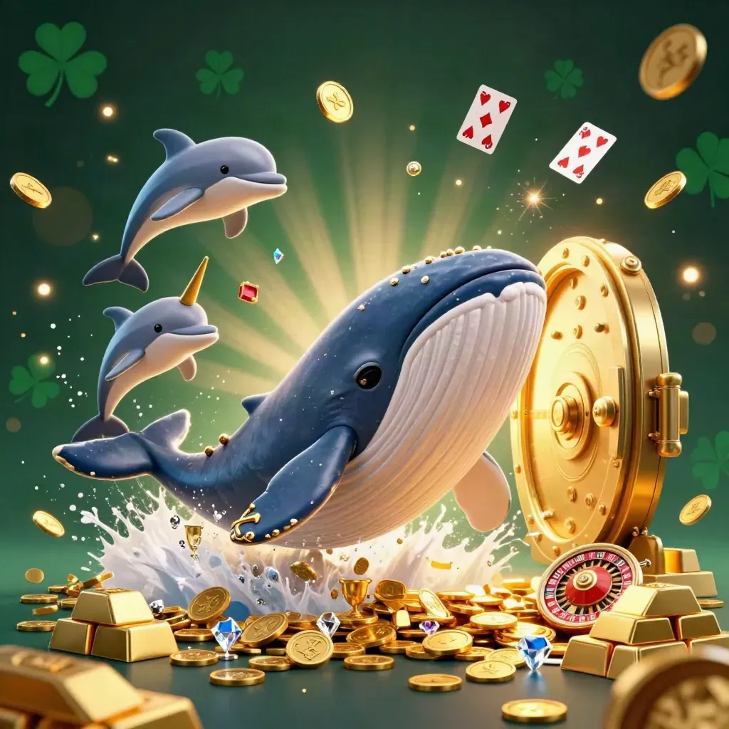 Balena capitano, narvalo e delfini tra monete d'oro e scrigno aperto, luce drammatica.