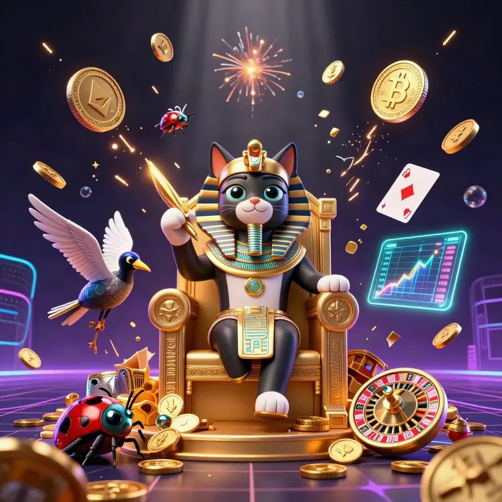 Gatto faraone, ibis e scarabei tra monete, neon e fulmini in stile casino premium.