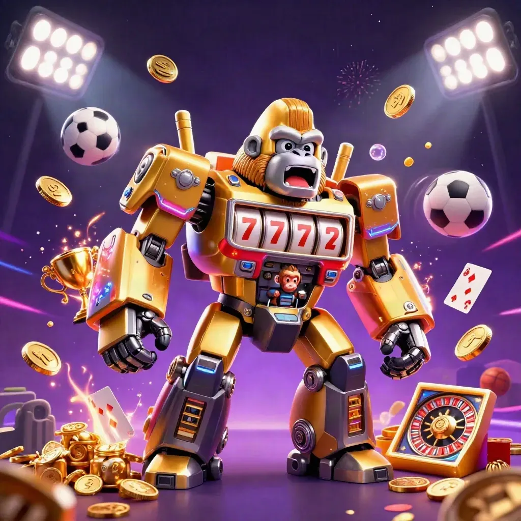 Gorilla mecha dorato tra monete, palloni, trofeo e fulmini neon in stile casino premium.