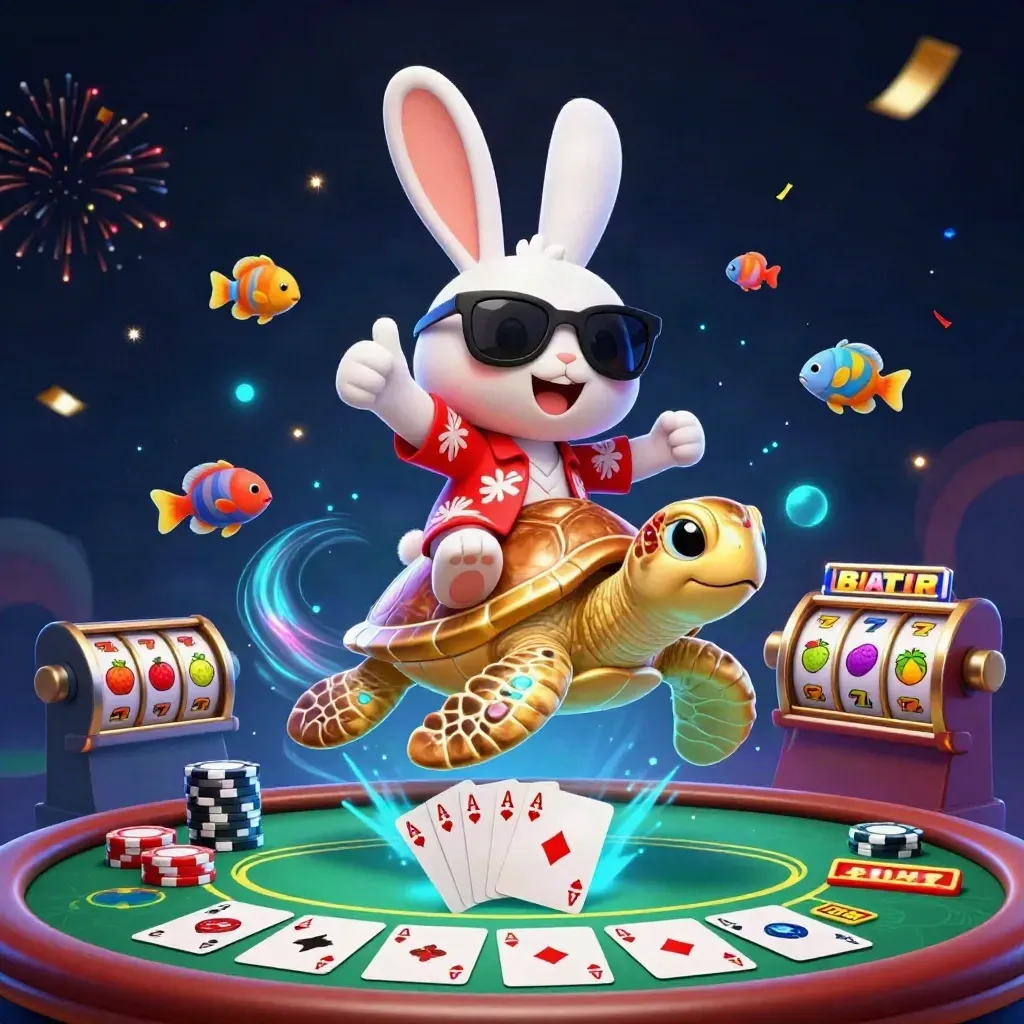 Coniglio cartoon su tartaruga dorata tra fiches, carte e luci neon da casinò
