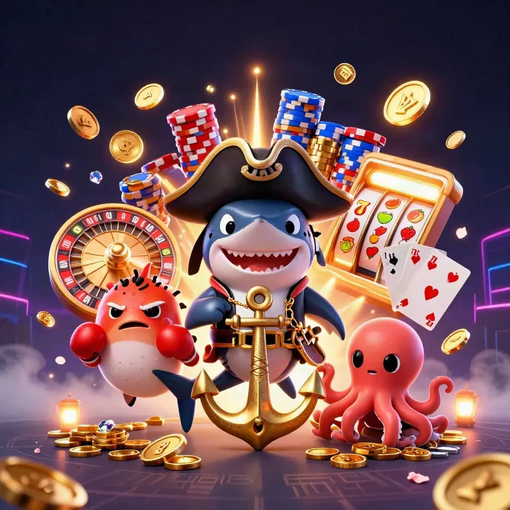Squalo pirata, pesce palla e polpo tra monete, ruota e luci neon.