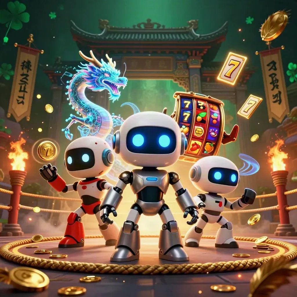 Robot cyberpunk, drago olografico e drone tra monete, slot e portale del tempio su sfondo verde scuro.