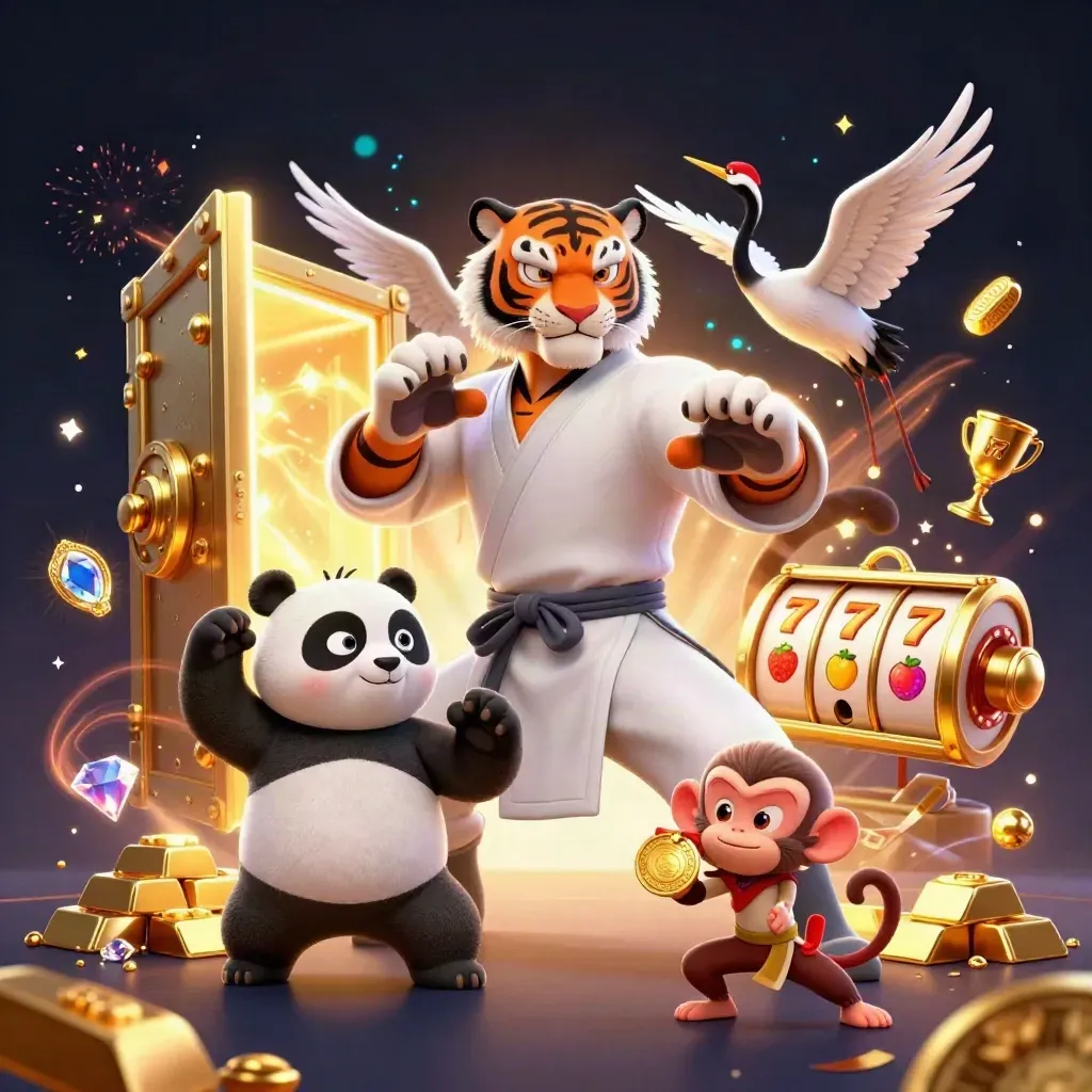 Tigre maestro, panda e scimmia tra tesori, luci magiche e simboli slot su sfondo scuro.
