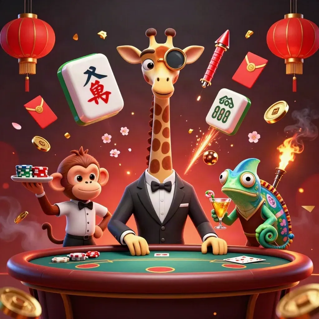 Giraffa high-roller, scimmia e camaleonte in scena casino dorata con fiches e lanterne.