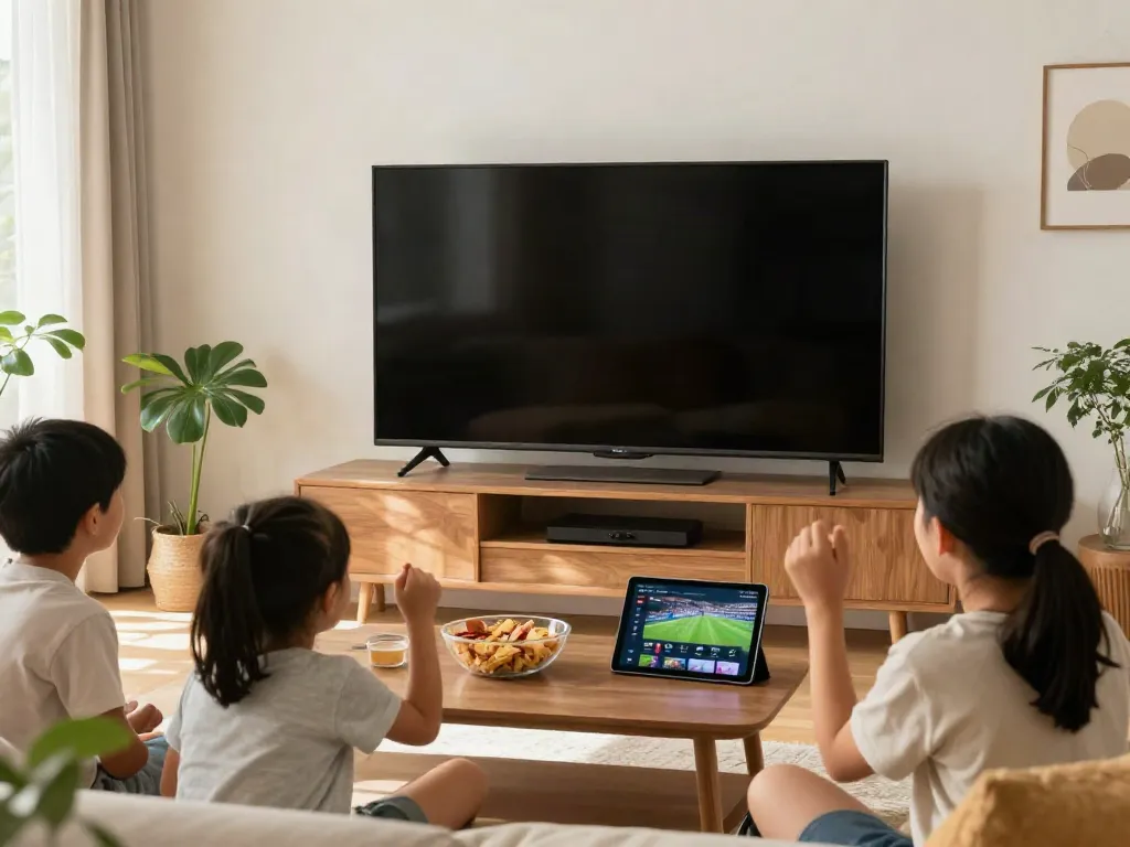 Family enjoying abbonamento IPTV while watching sports together in a cozy living room.