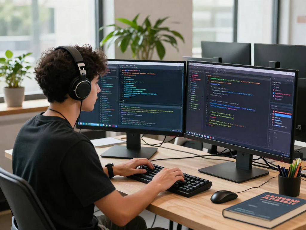 Developer using ai gf chatbot interface in a creative tech workspace with multiple screens.