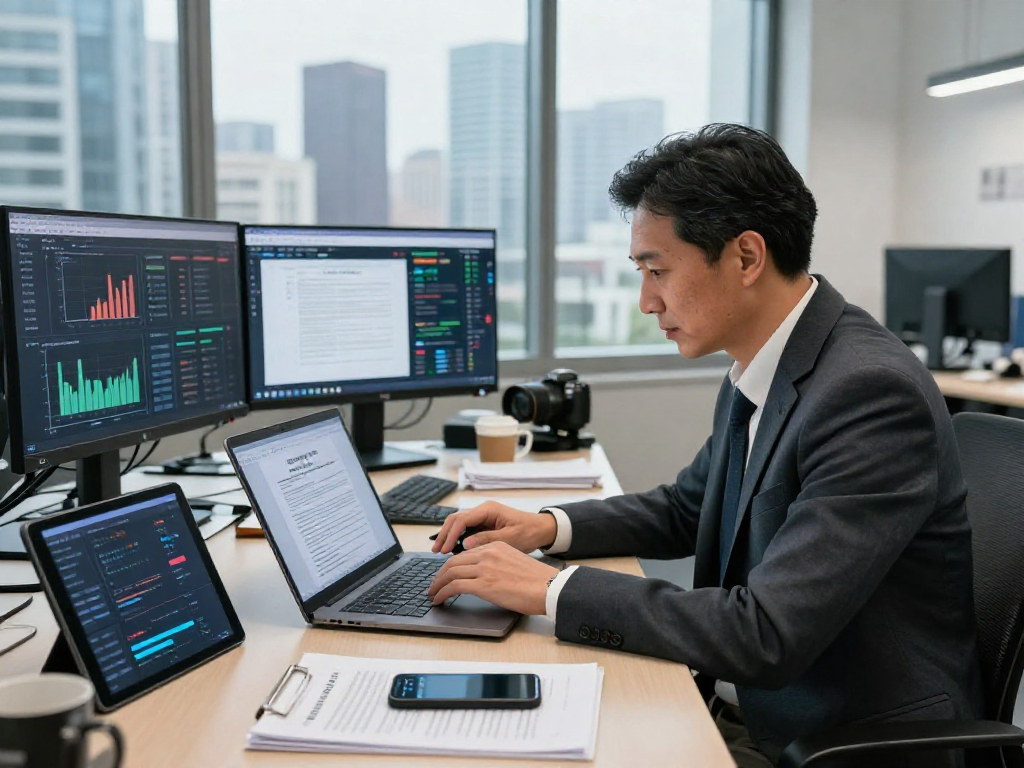 Expert analyzing document fraud detection tools in a modern office environment with digital data displays.