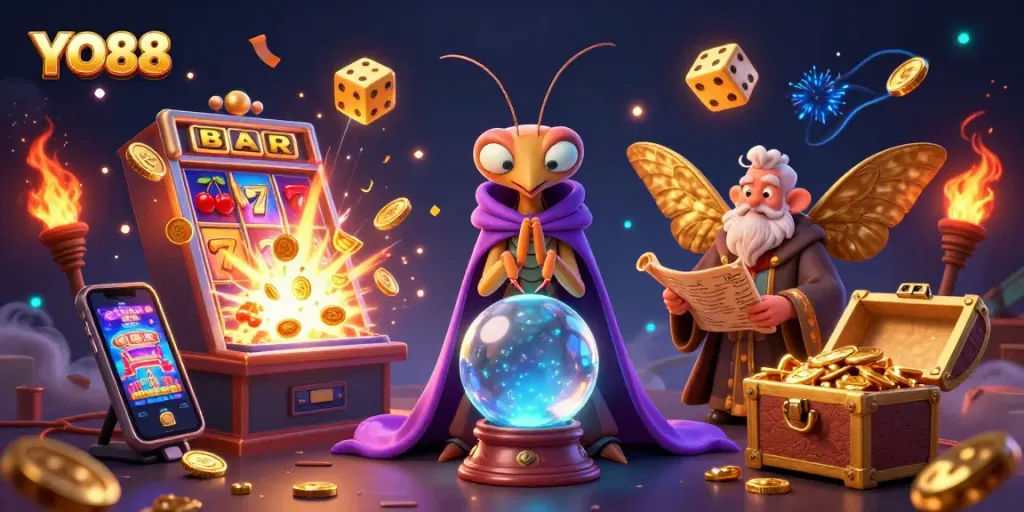 Spin the reels with YO88's magical 3D illustration featuring a fortune teller and vibrant slots.